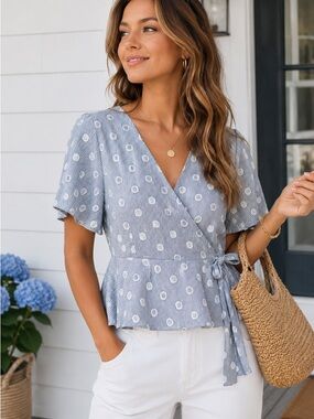 LOFT XSP Blue Stripe Textured Dot Wrap Top Peplum Coastal Preppy